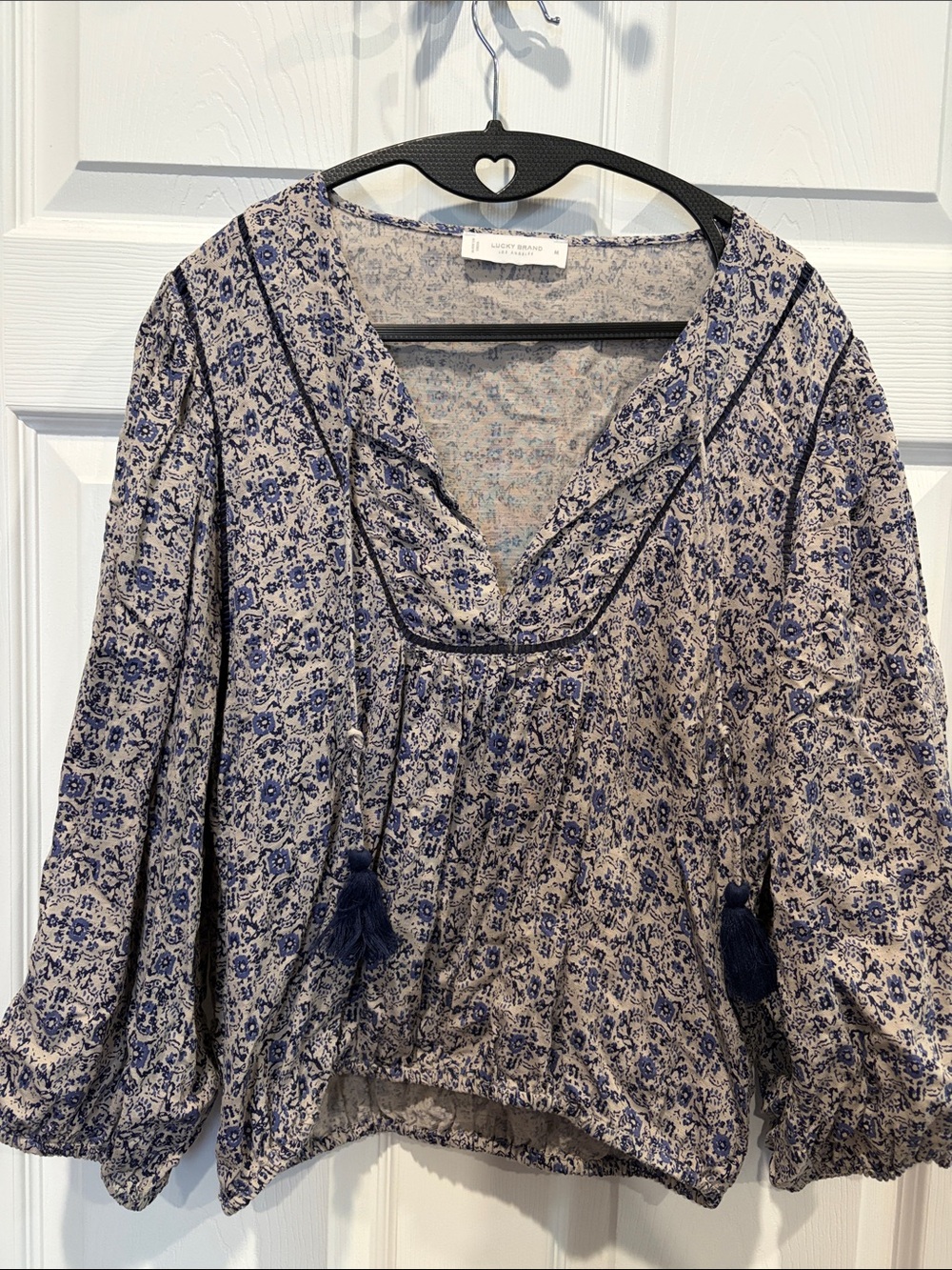 Lucky brand Light Blue Floral Peasant Top with Tassels